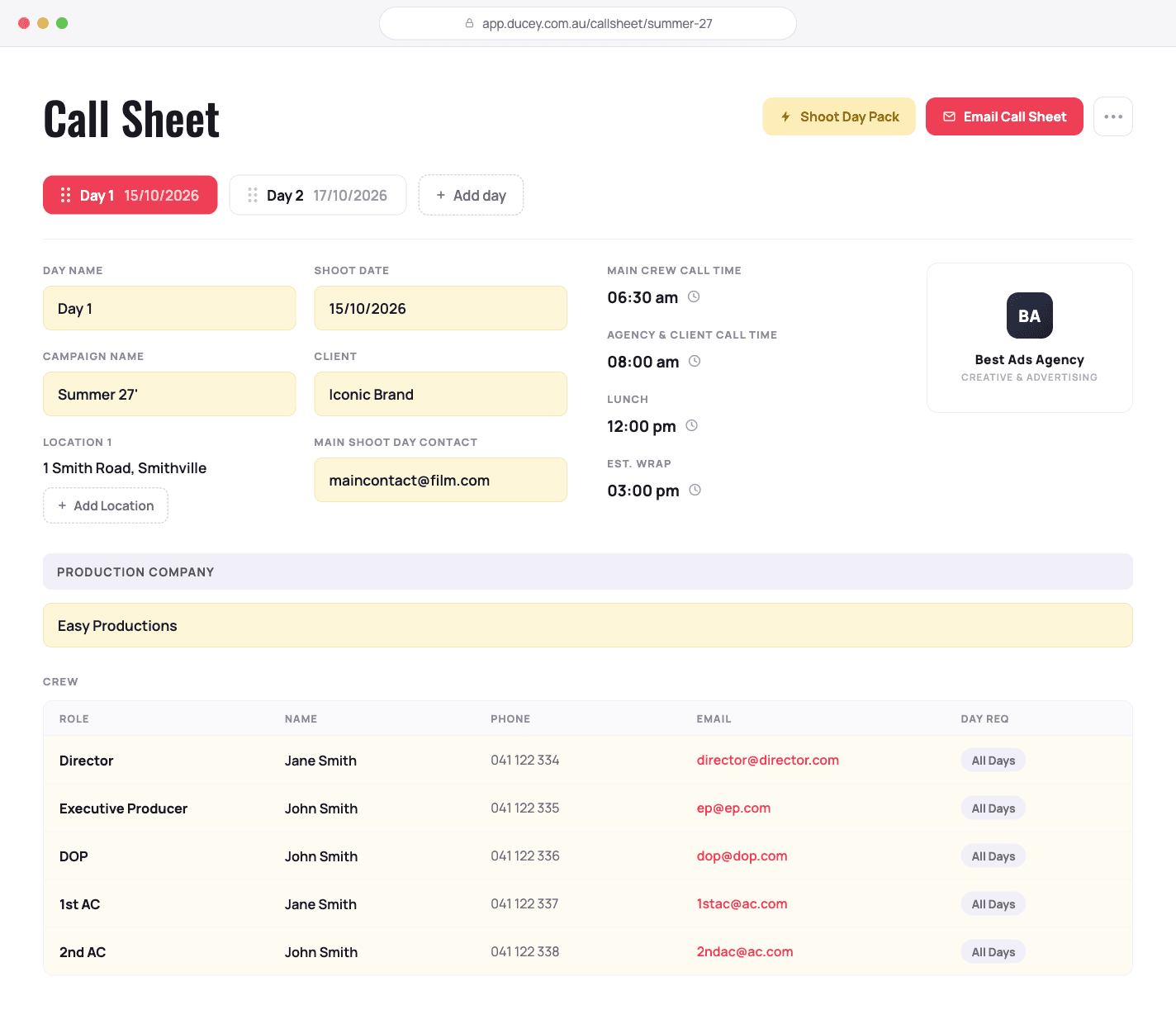 ducey call sheet with auto-filled production details